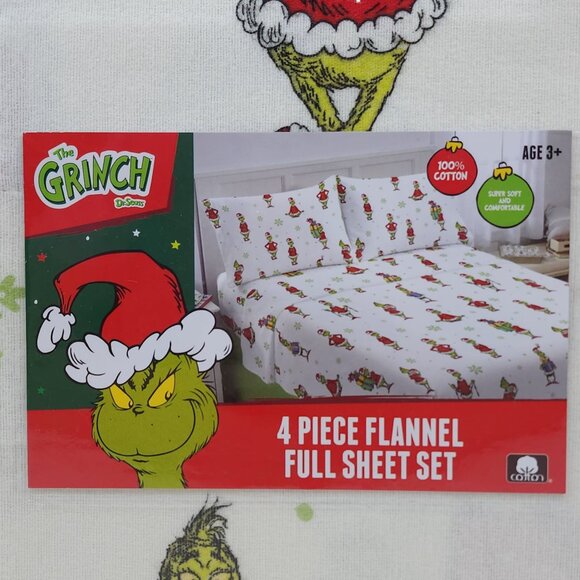 Dr Seuss The Grinch 4 Piece Flannel Sheet Set Full Double Cotton Comfortable - Picture 4 of 12